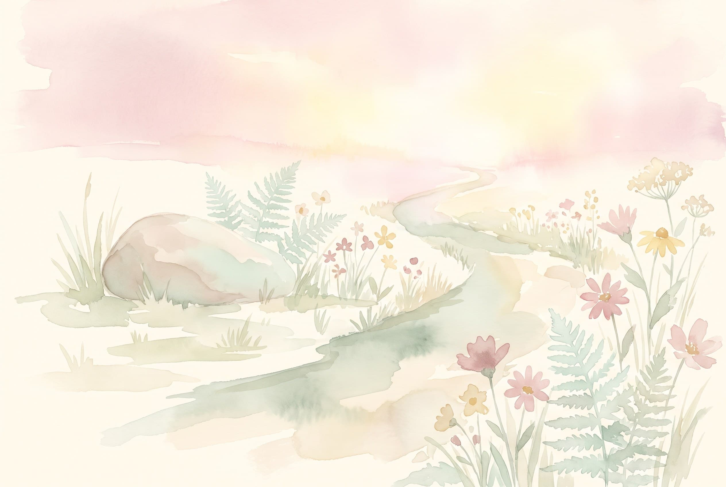 Aquarell eines Weges durch eine Wiese, der in warmes Licht übergeht, daneben ein Stein zum Ausruhen.