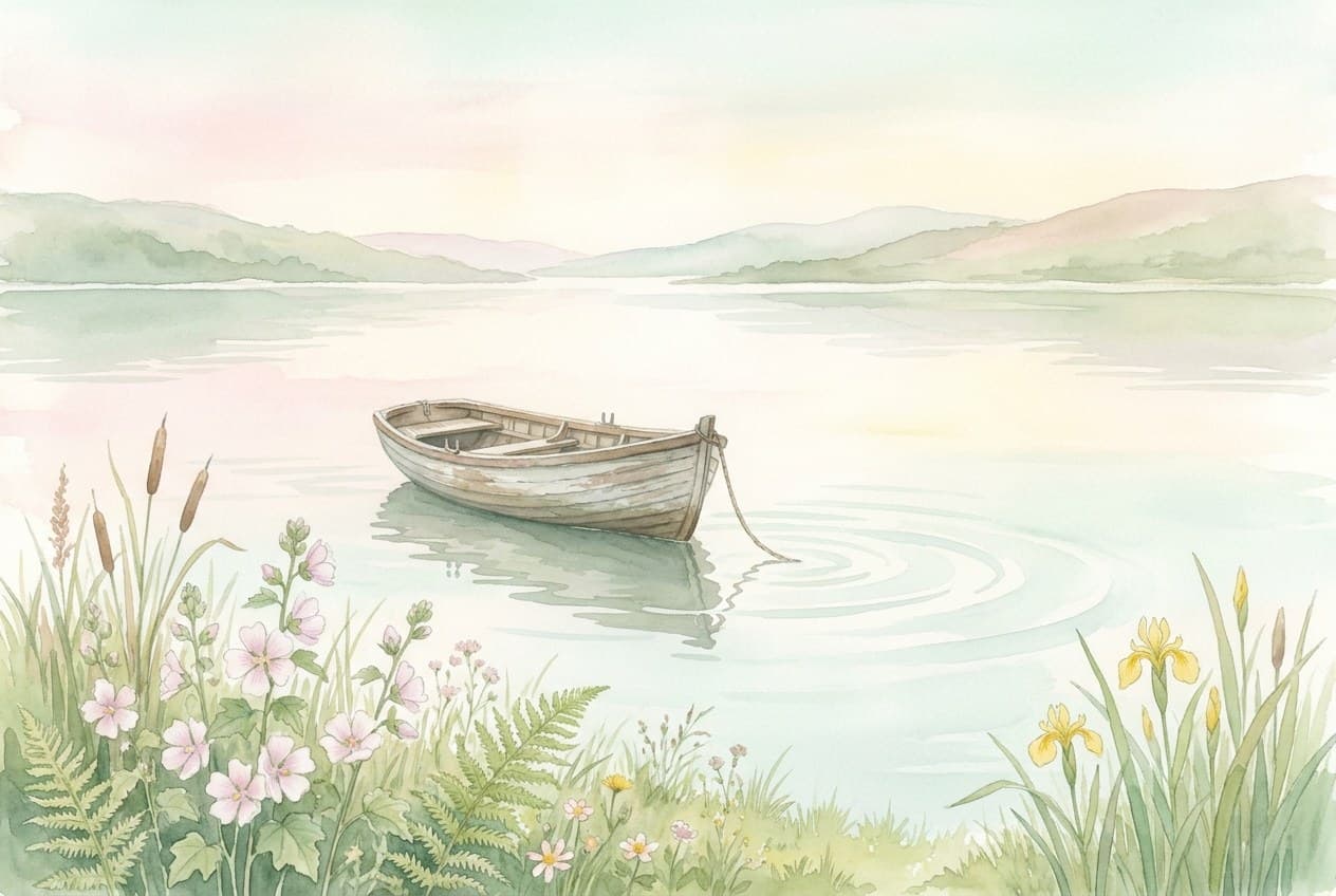 Aquarell: ein leeres Holzboot treibt auf stillem Wasser, die Leine locker hinterher, am Ufer Schilf und Wiesenblumen