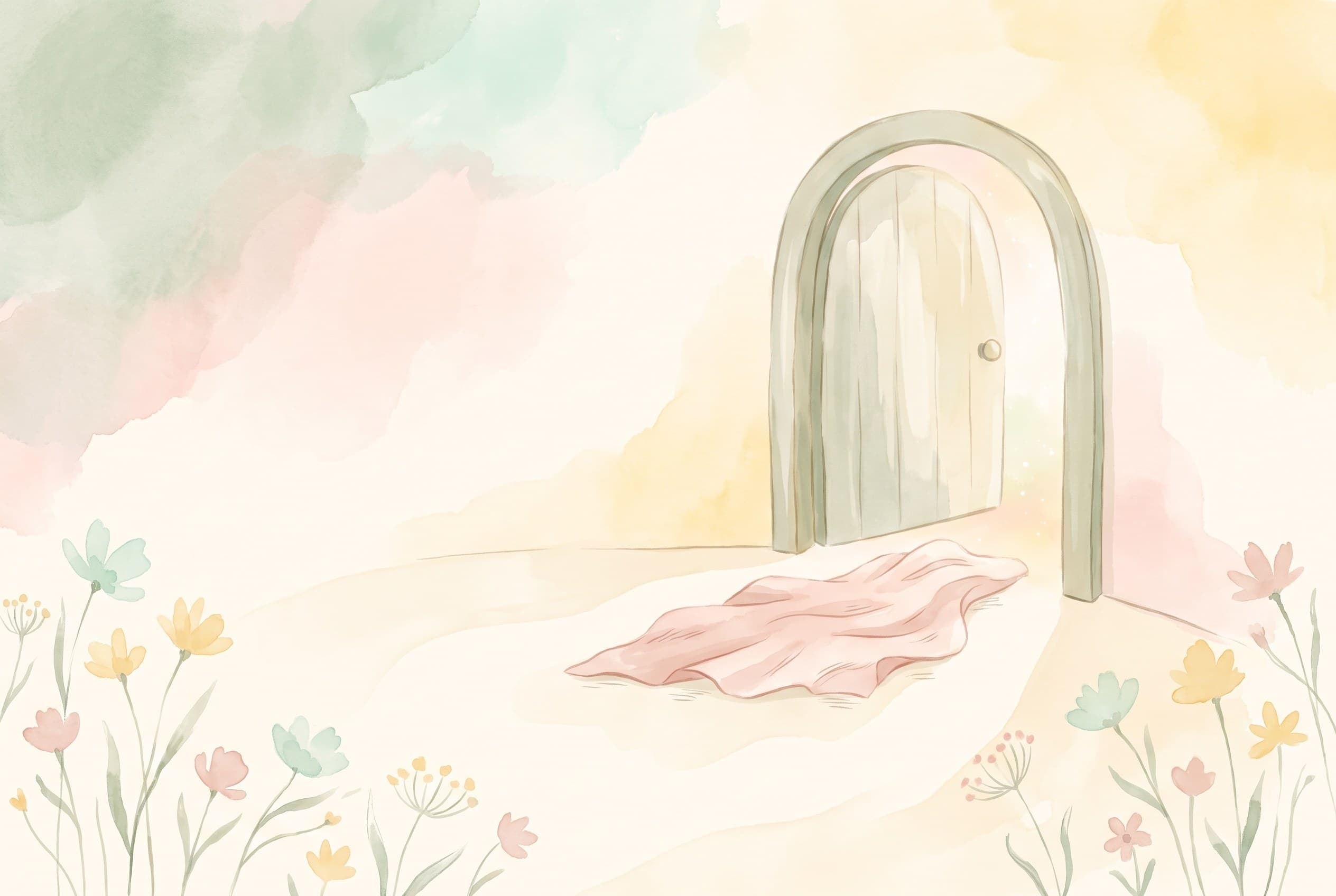 Aquarell einer einen Spalt offen stehenden Tür mit warmem Licht dahinter, davor ein weiches Tuch.