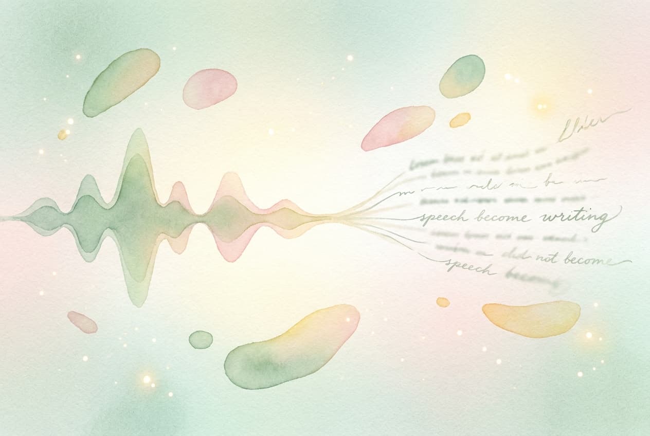Aquarell einer Schallwelle, die nach rechts hin in handschriftliche Zeilen übergeht, in weichen Pastellfarben.