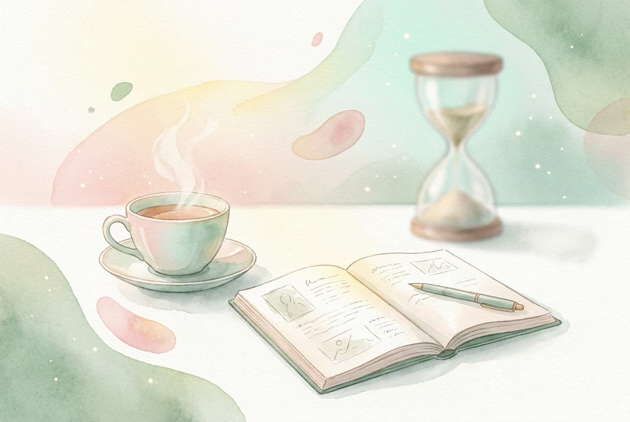 Aquarell einer dampfenden Teetasse neben einer Sanduhr und einem aufgeschlagenen Notizbuch mit Stift.