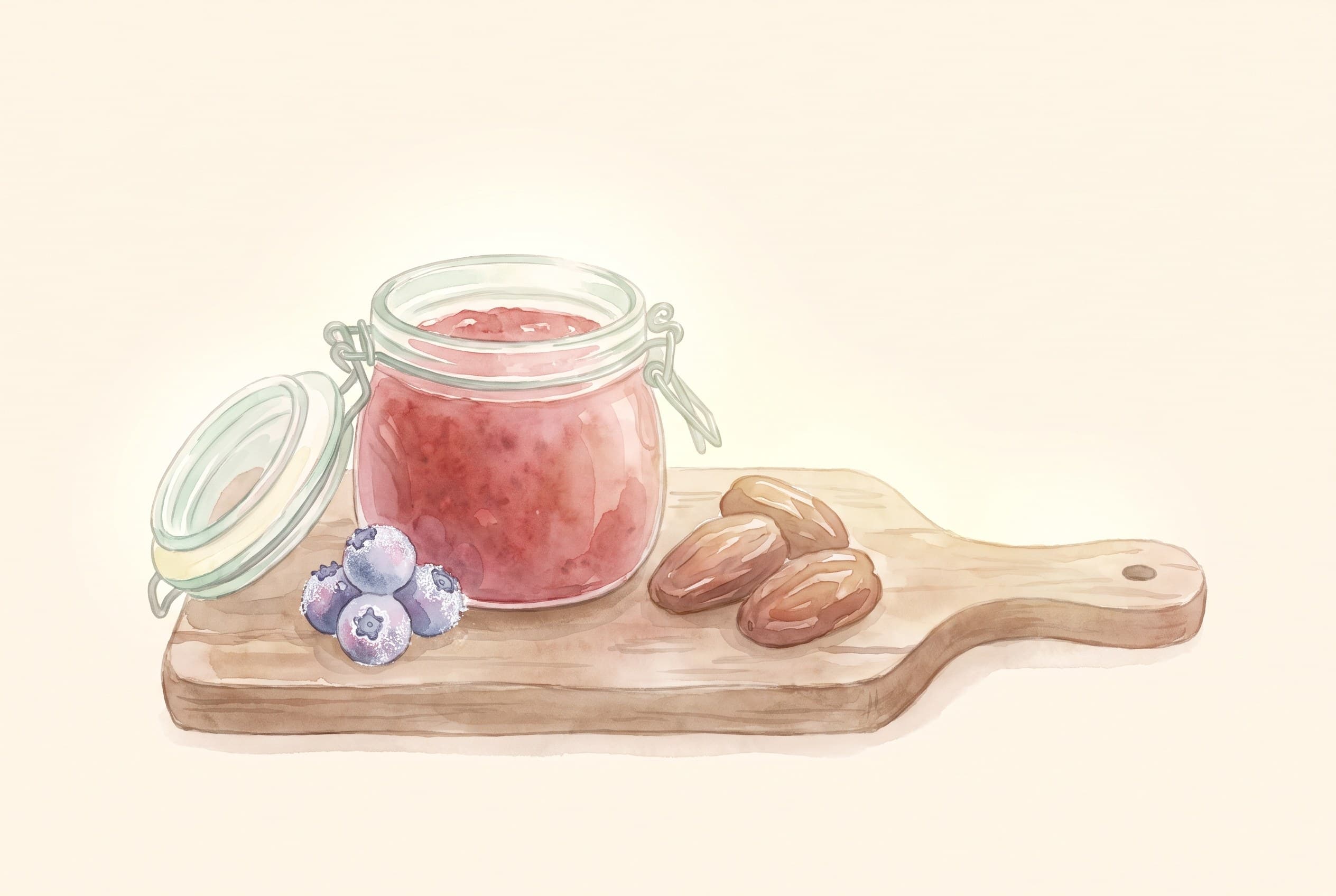 Aquarell eines Glases Beerenmarmelade auf einem Holzbrett neben gefrorenen Beeren und Datteln.
