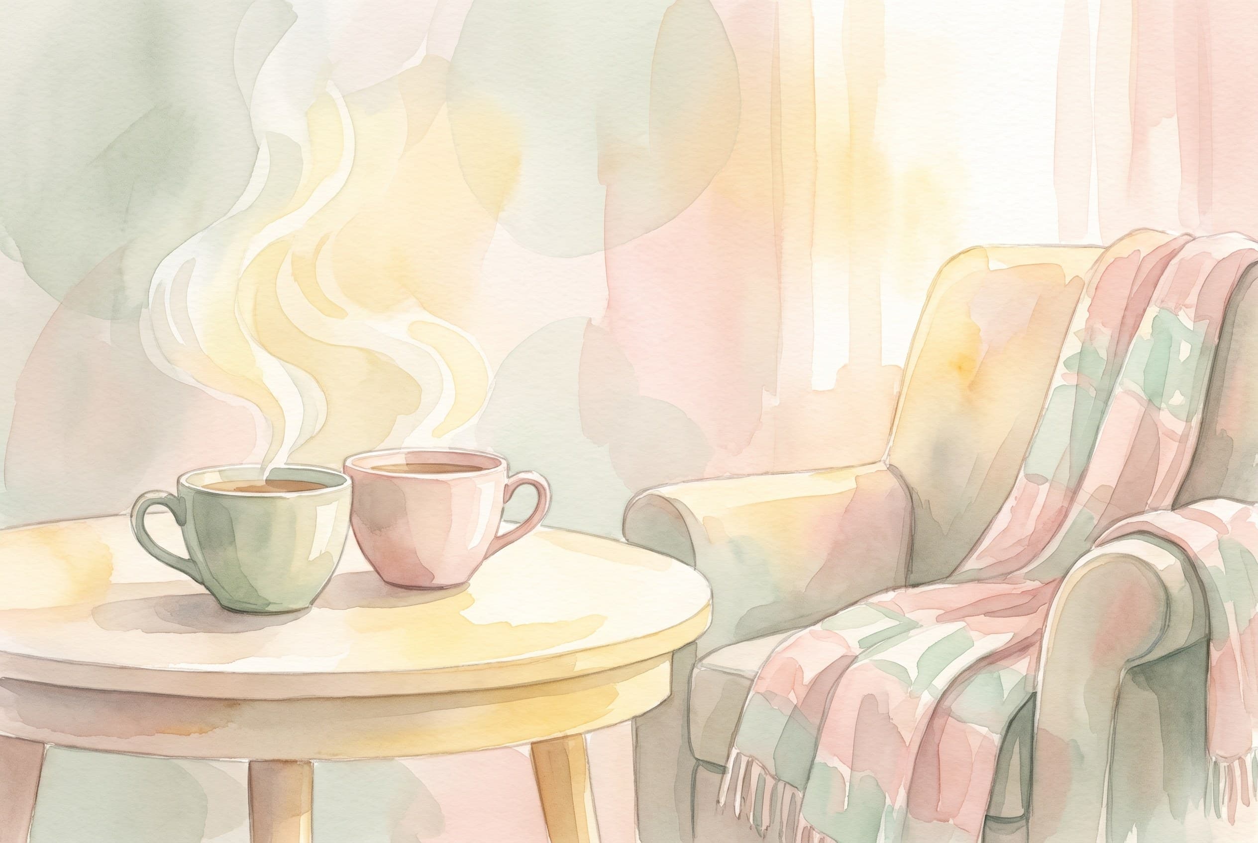 Aquarell zweier Teetassen auf einem Tisch im Abendlicht, daneben eine über die Stuhllehne gelegte Decke.