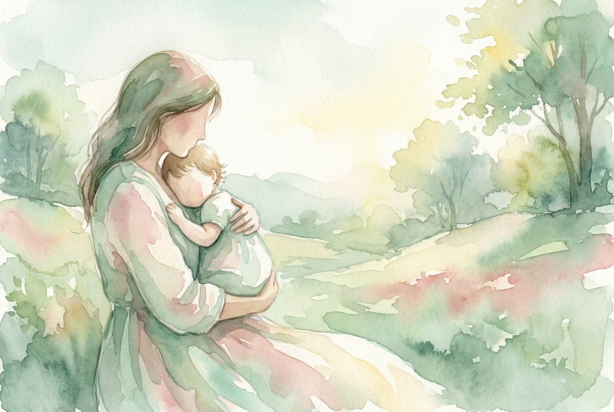 Aquarell einer Mutter, die ihr kleines Kind im Arm hält, in einer weichen Landschaft aus Wiese und Bäumen.