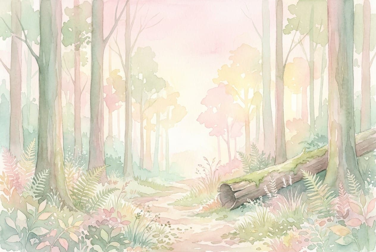 Aquarell eines ruhigen Waldwegs am frühen Morgen mit weichem Licht zwischen den Bäumen.