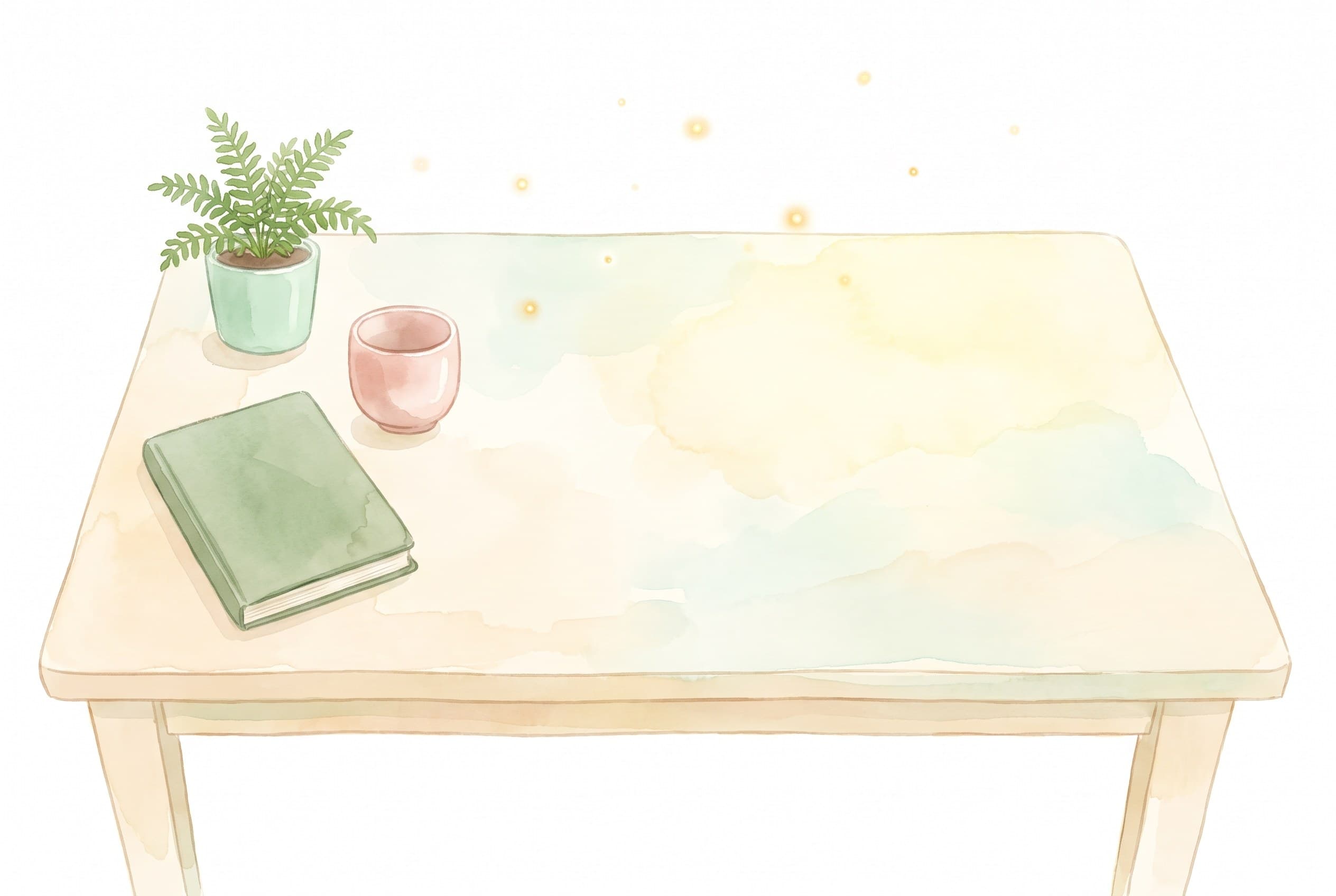 Aquarell eines aufgeräumten Schreibtisches mit Notizbuch, Tasse und kleiner Pflanze, darüber feine Lichtpunkte.