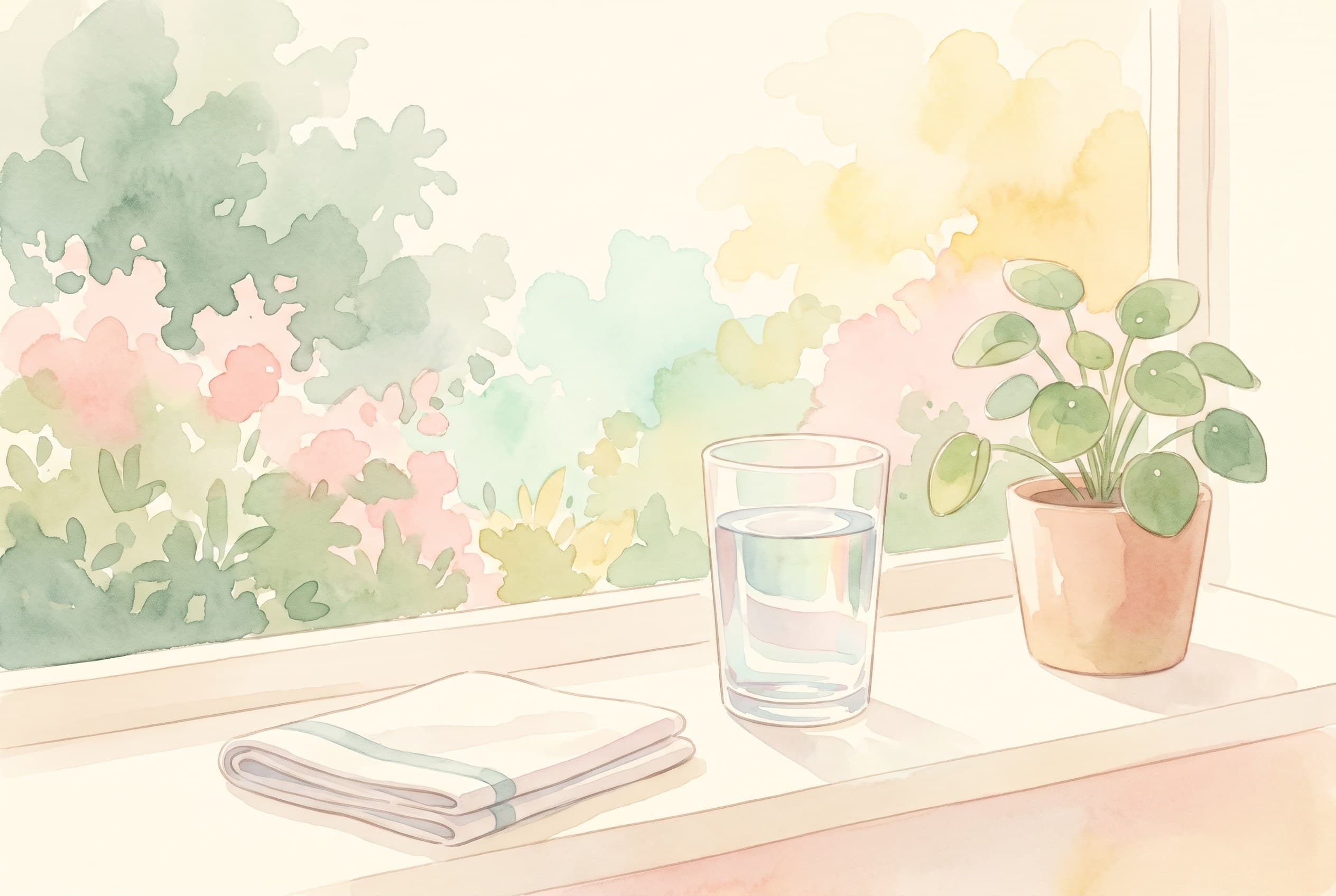 Aquarell eines Glases Wasser auf einer Fensterbank im Morgenlicht neben einer kleinen Pflanze.