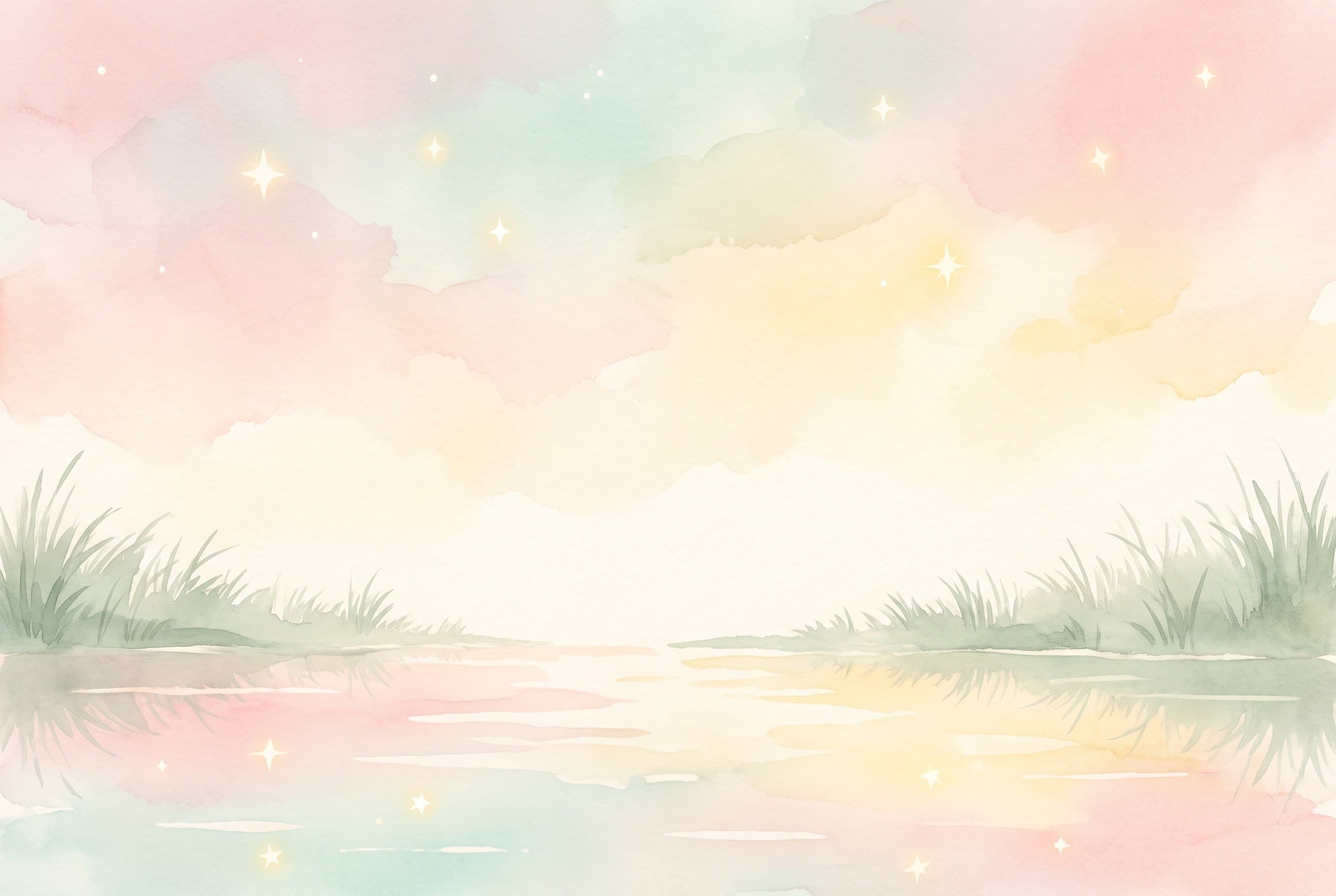 Aquarell eines weichen Nachthimmels mit wenigen Sternen, die sich in einer ruhigen Wasserfläche spiegeln.