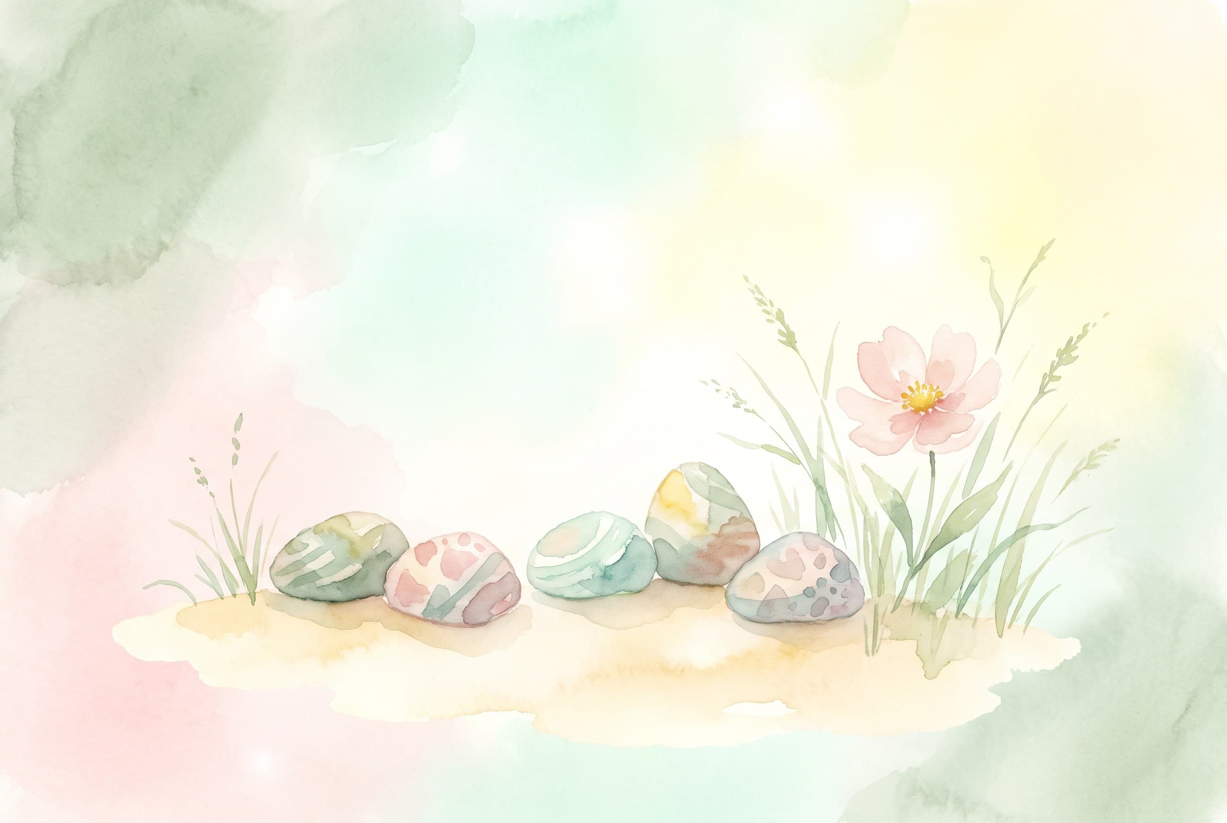 Aquarell von fünf Kieselsteinen, die nebeneinander in warmem Licht liegen, daneben Gräser.