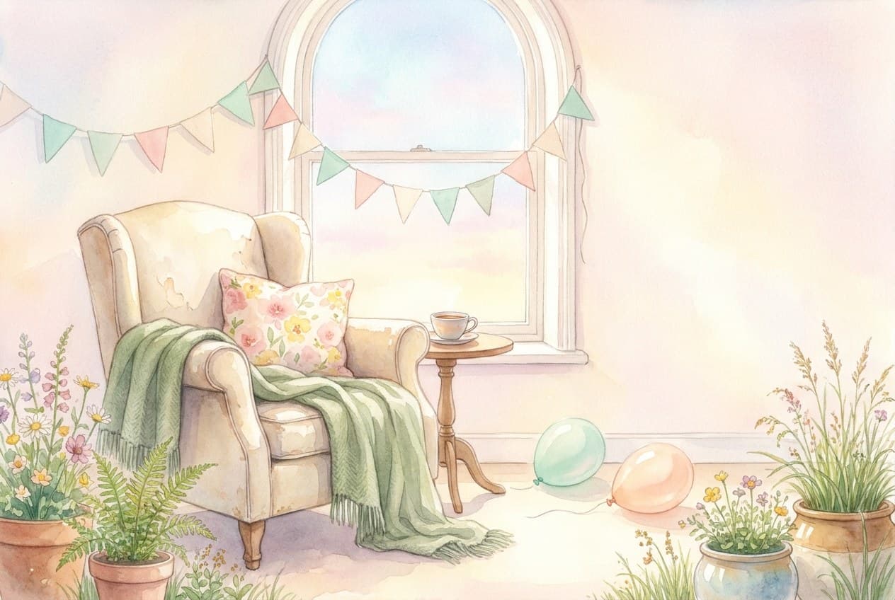 Aquarell: Sessel mit Decke am Fenster, Wimpelkette und zwei Luftballons am Morgen nach einem Fest