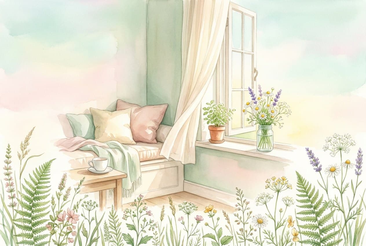 Aquarell eines aufgeräumten Fensterplatzes mit einer Tasse, einem offenen Fenster und weichem Morgenlicht.