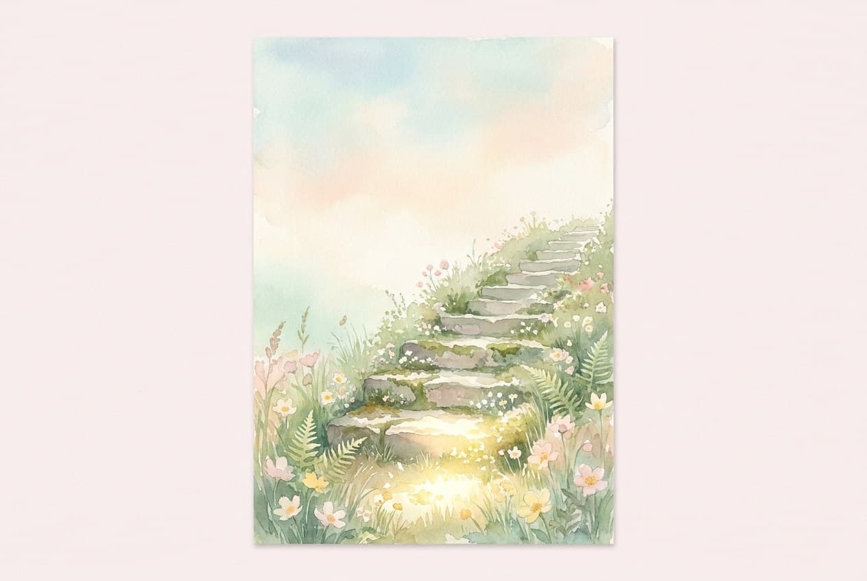 Aquarell einer Treppe im Abendlicht, auf deren unterster Stufe ein Lichtfleck liegt.