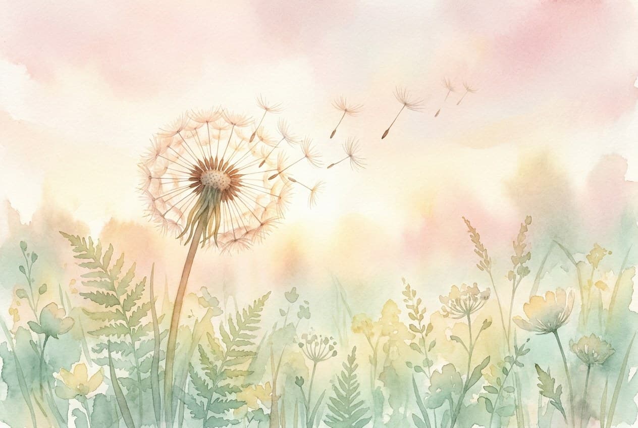 Aquarell einer Pusteblume, deren Samen sich gerade lösen, in warmem Abendlicht.