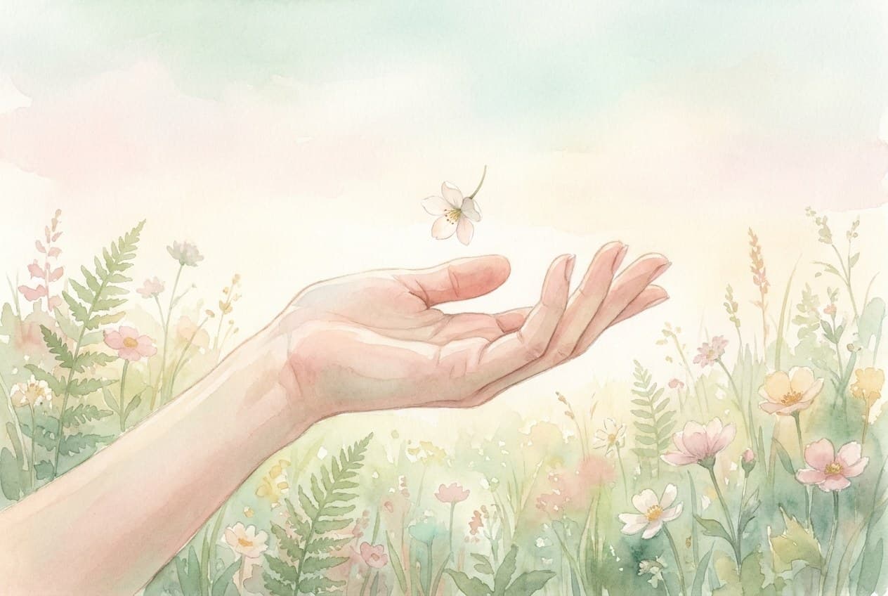 Aquarell einer offenen Handfläche, in die eine einzelne Blüte fällt, in warmem Licht.