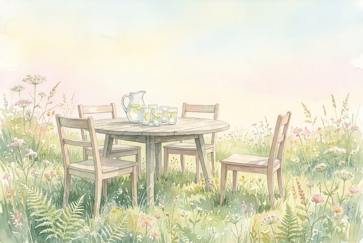 Aquarell eines runden Gartentisches mit mehreren Stühlen in einer Wiese, einer davon steht leer und etwas abseits.