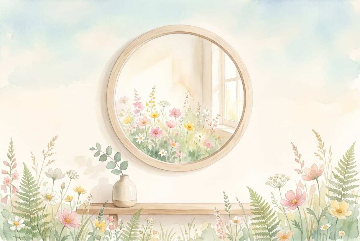 Aquarell eines Spiegels an einer Wand, in dem sich Wildblumen und warmes Licht spiegeln.