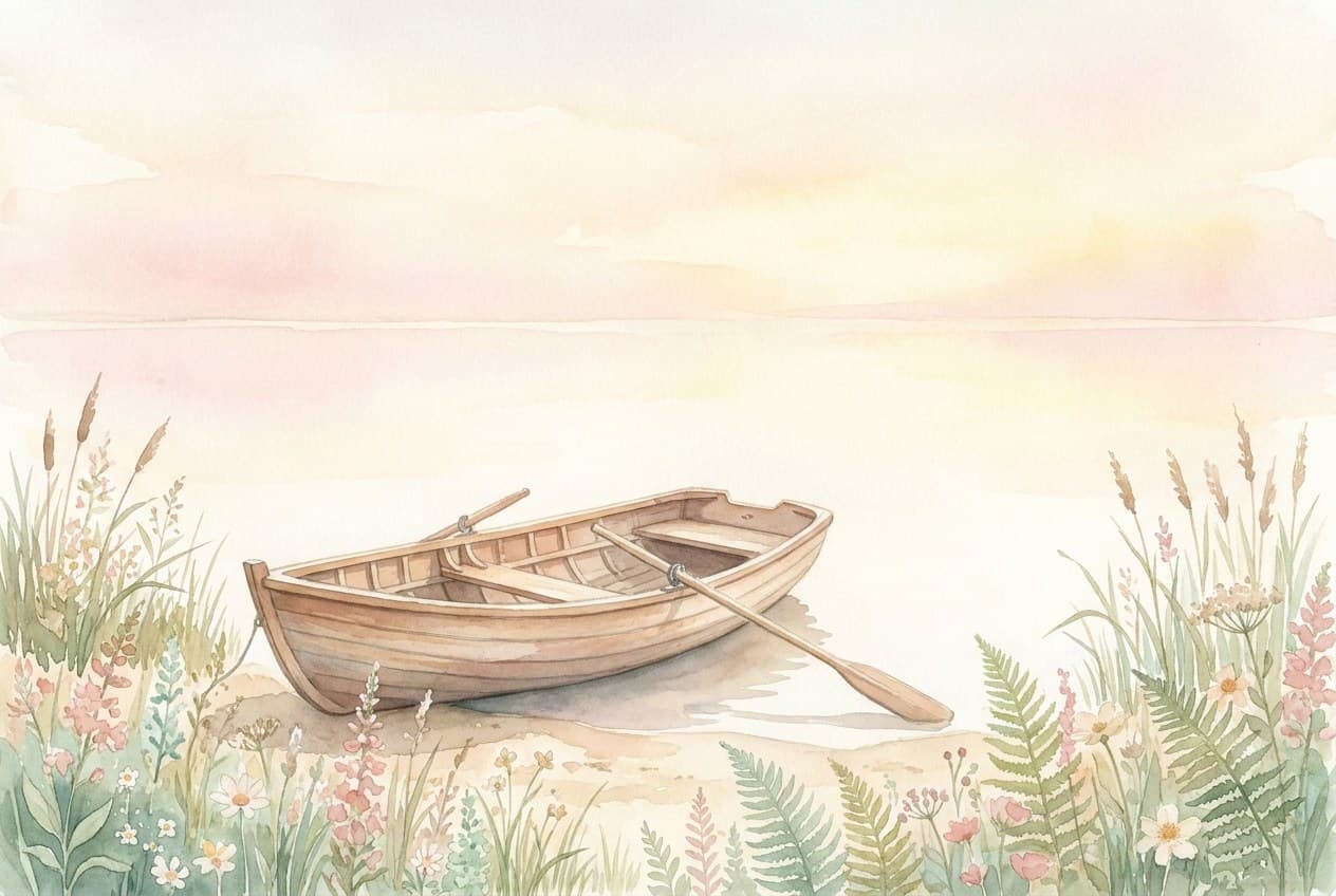 Aquarell eines Ruders, das im Wasser liegt, daneben ein kleines Boot in ruhigem Abendlicht.
