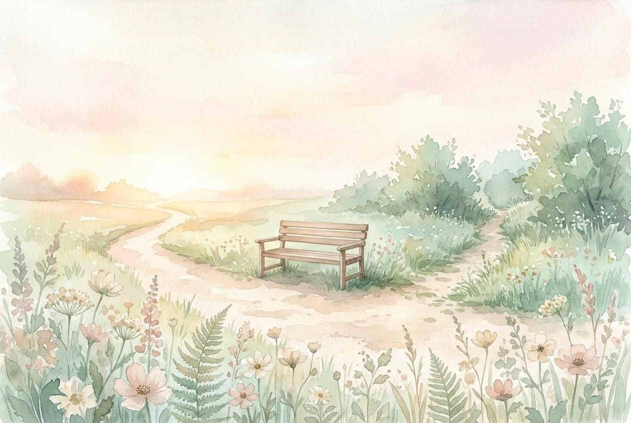 Aquarell eines Weges, der sich teilt, mit einer Bank am Rand und weichem Abendlicht.
