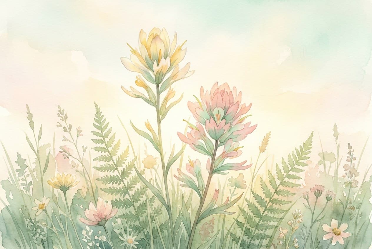 Aquarell zweier Wildblumen unterschiedlicher Höhe nebeneinander in warmem Licht.