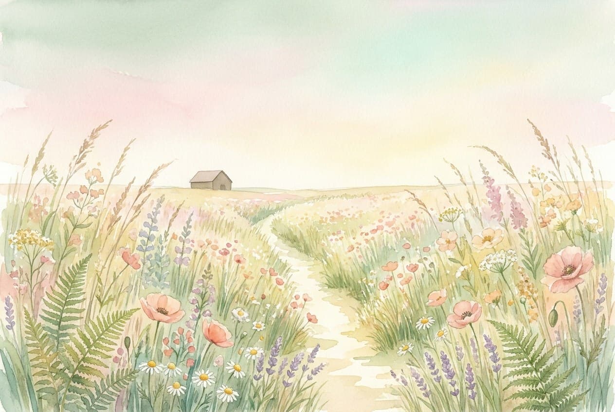 Aquarell eines schmalen Weges durch ein weites Blumenfeld, am Horizont eine kleine Scheune.